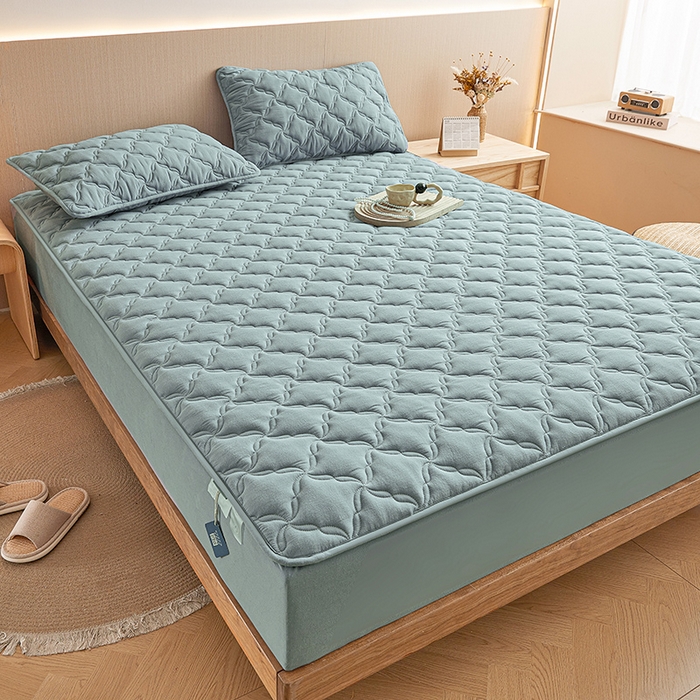 91家纺网 家纺一手货源 找家纺 3C 2024新款全棉色织水洗绵抗菌床笠 烟灰色