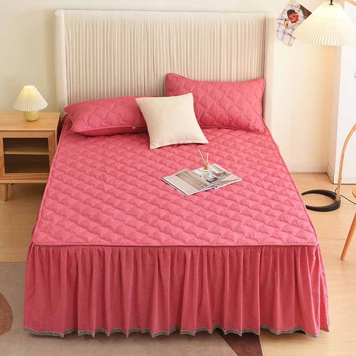 91家纺网 家纺一手货源 找家纺 3C 2024新款风车抗菌水洗棉床裙  红豆沙