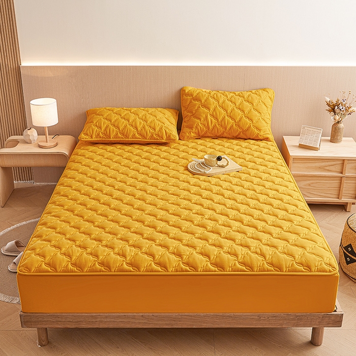 91家纺网 家纺一手货源 找家纺 3C 2024新款全棉色织水洗绵抗菌床笠 柠檬黄