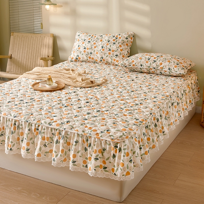 91家纺网 家纺一手货源 找家纺 3C 2024新款全棉水洗棉印花大豆床笠 小橙子花边款