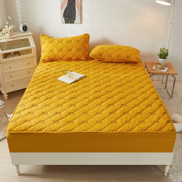 91家纺网 家纺一手货源 找家纺 3C 2024新款全棉抗菌抑菌云朵刺绣床笠 柠檬黄