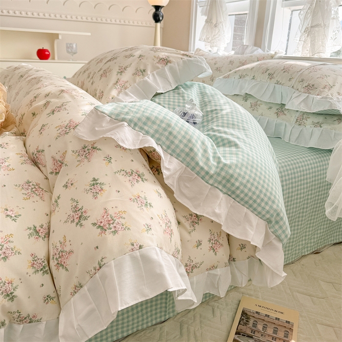 91家纺网 家纺一手货源 找家纺 简宜家居（朝初家纺） 2025新款40支斜纹全棉花边款四件套 寻意花海