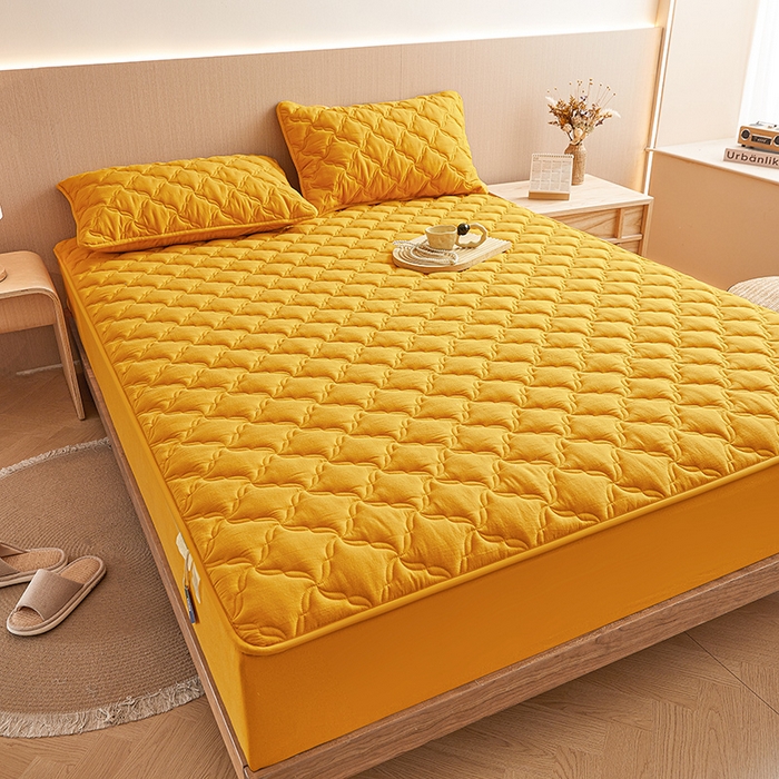 91家纺网 家纺一手货源 找家纺 3C 2024新款全棉色织水洗绵抗菌床笠 柠檬黄