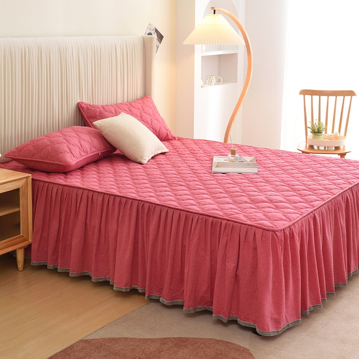 91家纺网 家纺一手货源 找家纺 3C 2024新款风车抗菌水洗棉床裙  红豆沙