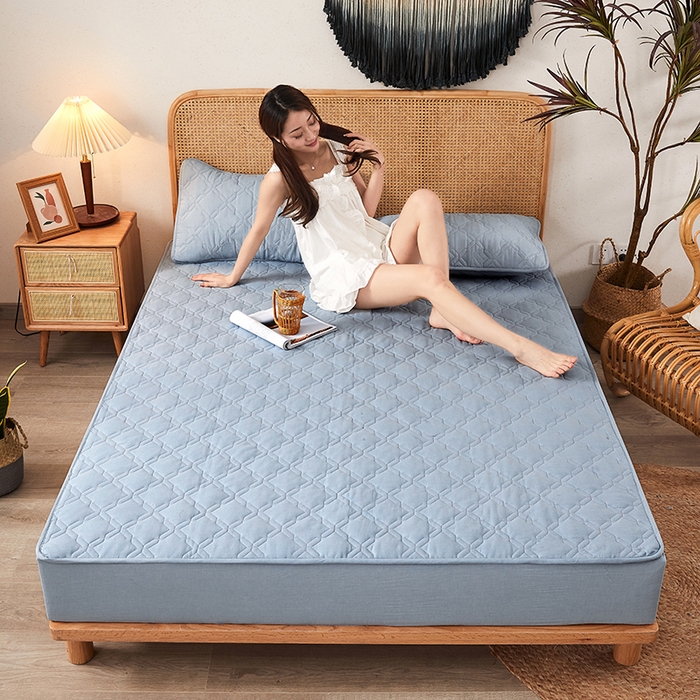 91家纺网 家纺一手货源 找家纺 3C 2024新款抗菌防螨透气防水夹棉床笠 浅蓝色