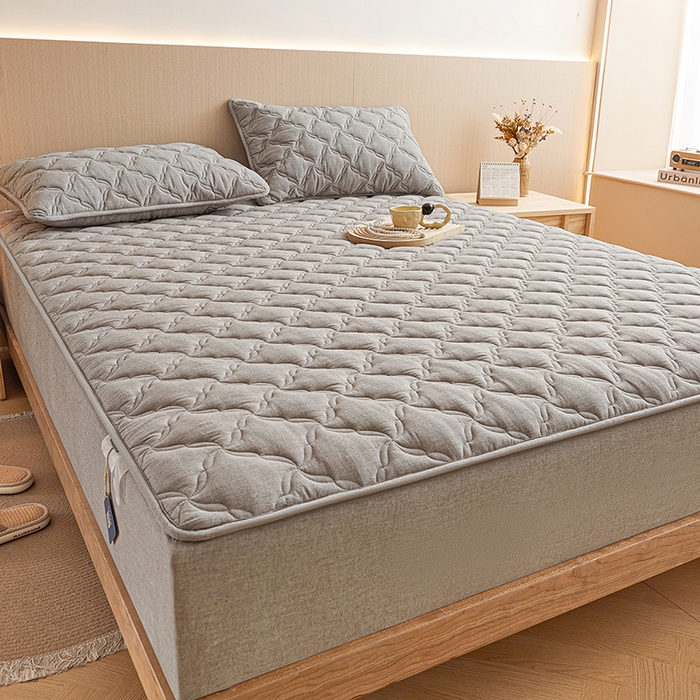 91家纺网 家纺一手货源 找家纺 3C 2024新款全棉色织水洗绵抗菌床笠 冰山灰