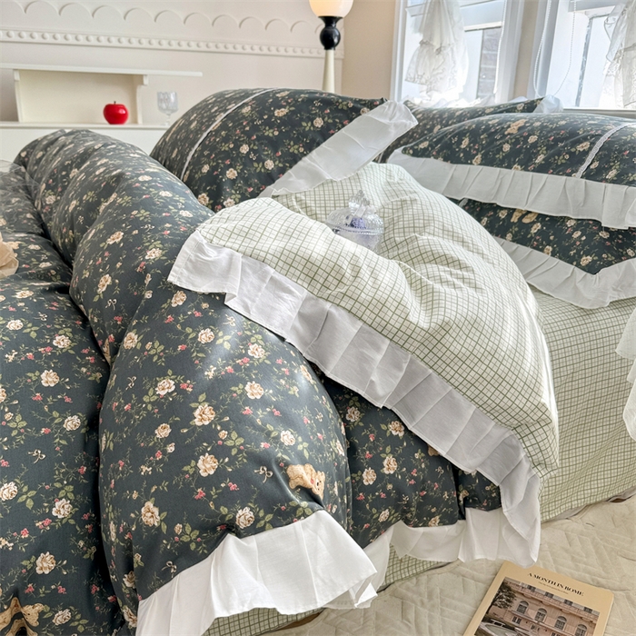 91家纺网 家纺一手货源 找家纺 简宜家居（朝初家纺） 2025新款40支斜纹全棉花边款四件套 水墨印花