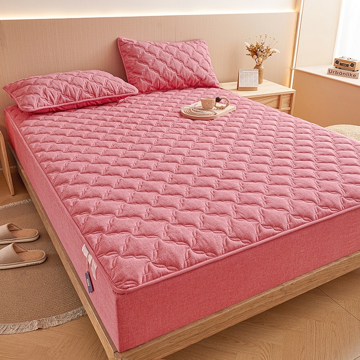 91家纺网 家纺一手货源 找家纺 3C 2024新款全棉色织水洗绵抗菌床笠 西瓜粉