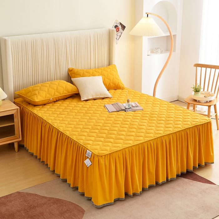 91家纺网 家纺一手货源 找家纺 3C 2024新款风车抗菌水洗棉床裙  柠檬黄