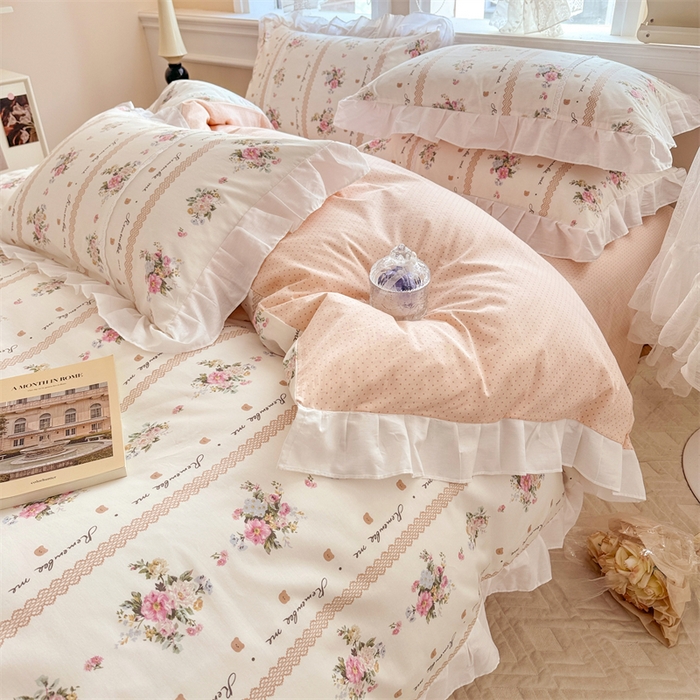 91家纺网 家纺一手货源 找家纺 简宜家居（朝初家纺） 2025新款40支斜纹全棉花边款四件套 粉色色卡