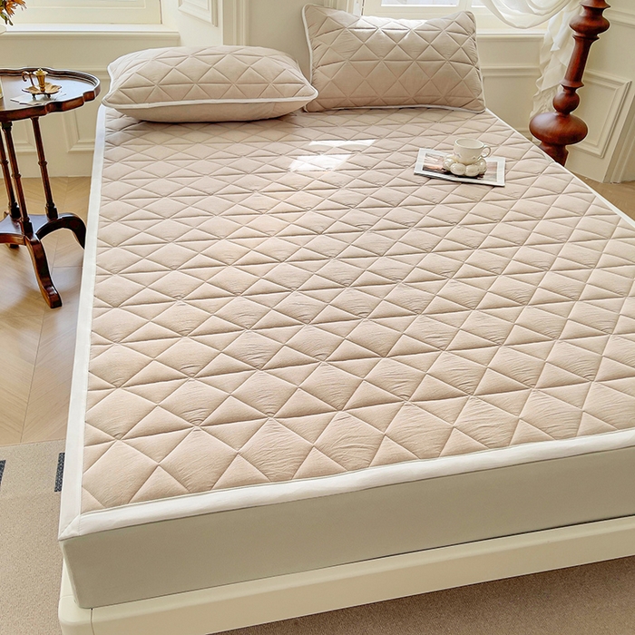 91家纺网 家纺一手货源 找家纺 3C 2024新款全棉夹棉大豆床护垫 浅驼