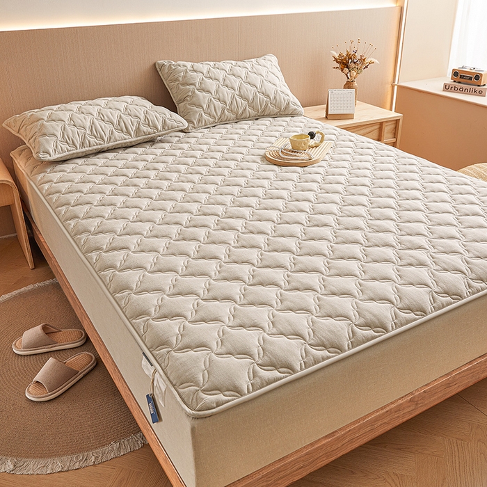 91家纺网 家纺一手货源 找家纺 3C 2024新款全棉色织水洗绵抗菌床笠 清新灰