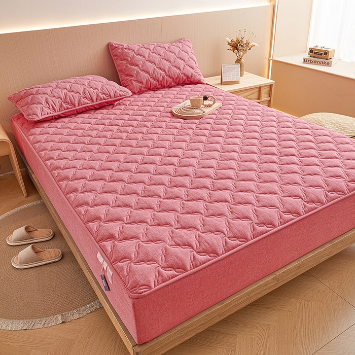 91家纺网 家纺一手货源 找家纺 3C 2024新款全棉色织水洗绵抗菌床笠 西瓜粉