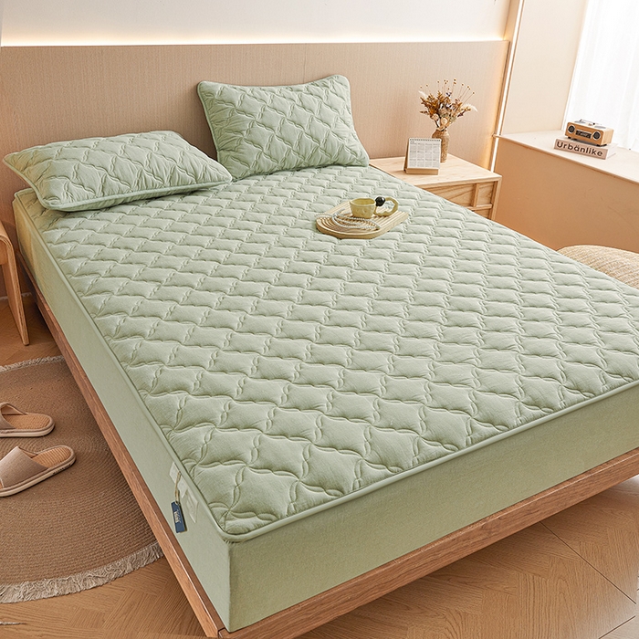 91家纺网 家纺一手货源 找家纺 3C 2024新款全棉色织水洗绵抗菌床笠 抹茶绿