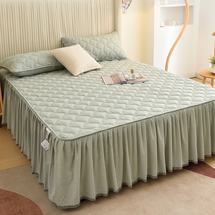 91家纺网 家纺一手货源 找家纺 3C 2024新款风车抗菌水洗棉床裙  抹茶绿