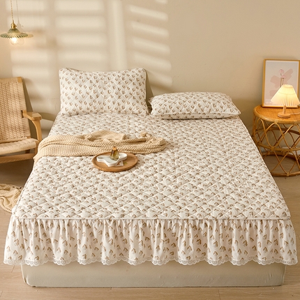 91家纺网 家纺一手货源 找家纺 3C 2024新款全棉水洗棉印花大豆床笠 铃兰花开花边款