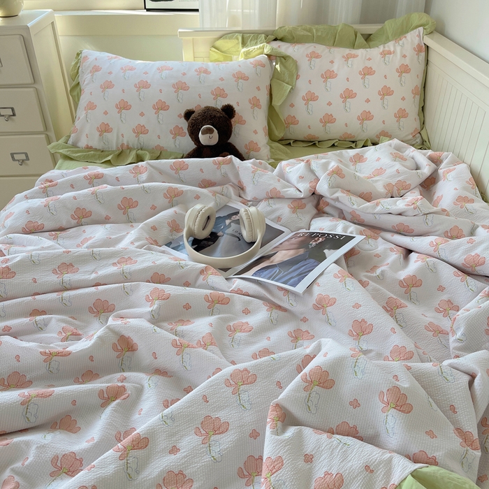 91家纺网 家纺一手货源 找家纺 顾里家纺 2024新款韩系治愈小清新花边氧气泡泡棉夏被四件套 田野少女