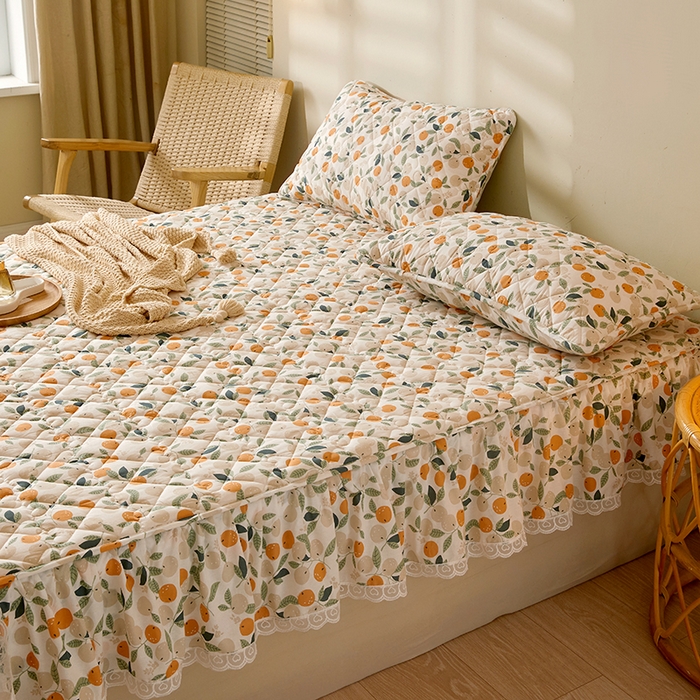 91家纺网 家纺一手货源 找家纺 3C 2024新款全棉水洗棉印花大豆床笠 小橙子花边款