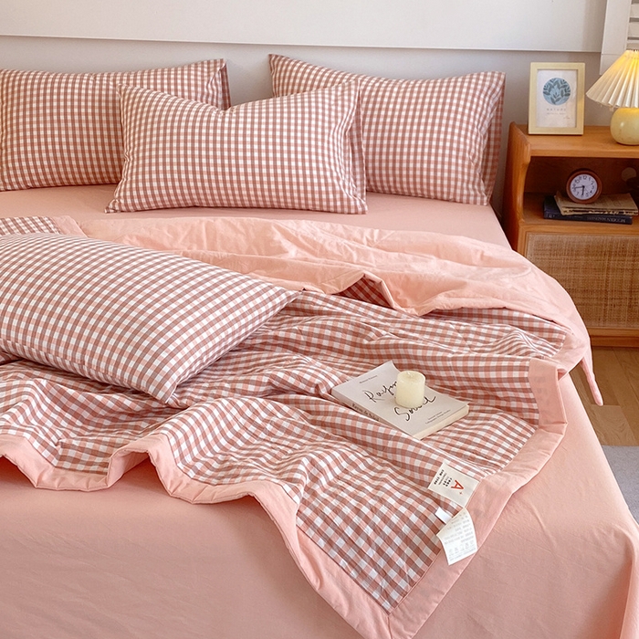 91家纺网 家纺一手货源 找家纺 莱宁 2024新款a类里外全棉色织水洗棉棉花夏被 粉小格