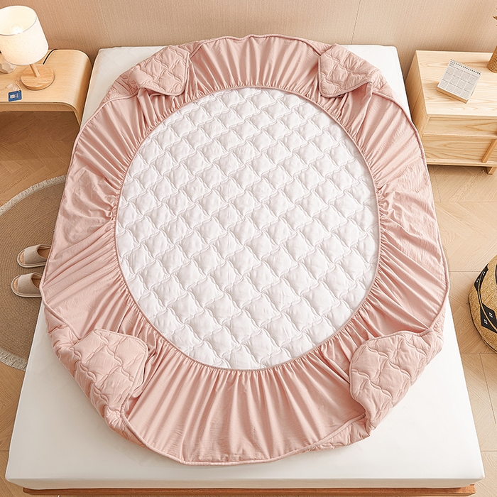 91家纺网 家纺一手货源 找家纺 3C 2024新款全棉色织水洗绵抗菌床笠 浅豆沙