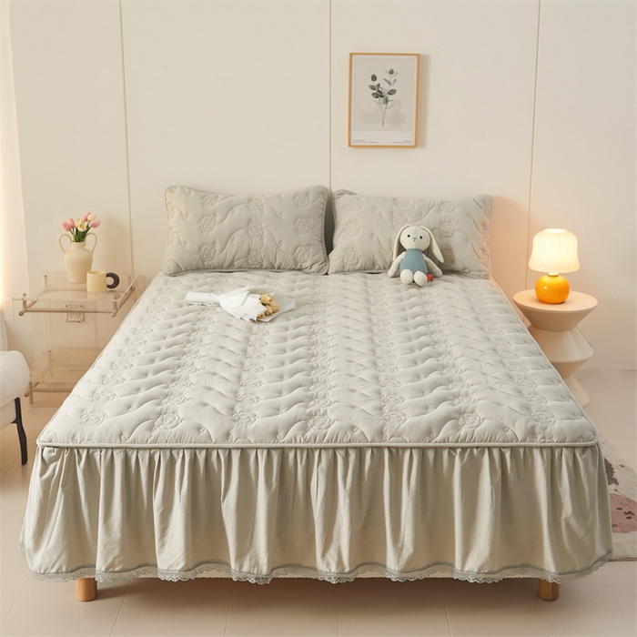 91家纺网 家纺一手货源 找家纺 3C 2024新款玫瑰水洗棉床裙式床笠 烟雾灰