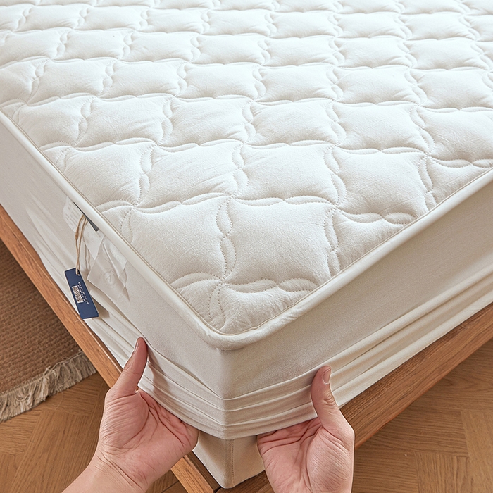 91家纺网 家纺一手货源 找家纺 3C 2024新款全棉色织水洗绵抗菌床笠 珍珠白