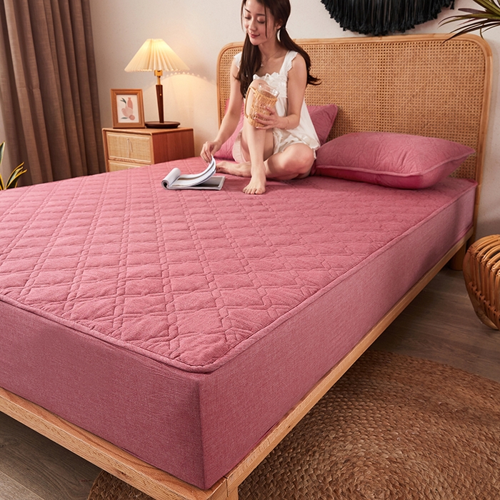 91家纺网 家纺一手货源 找家纺 3C 2024新款抗菌防螨透气防水夹棉床笠 红豆沙