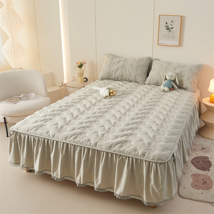 91家纺网 家纺一手货源 找家纺 3C 2024新款玫瑰水洗棉床裙式床笠 烟雾灰