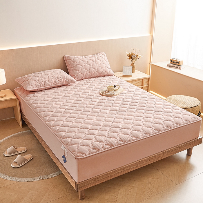 91家纺网 家纺一手货源 找家纺 3C 2024新款全棉色织水洗绵抗菌床笠 浅豆沙