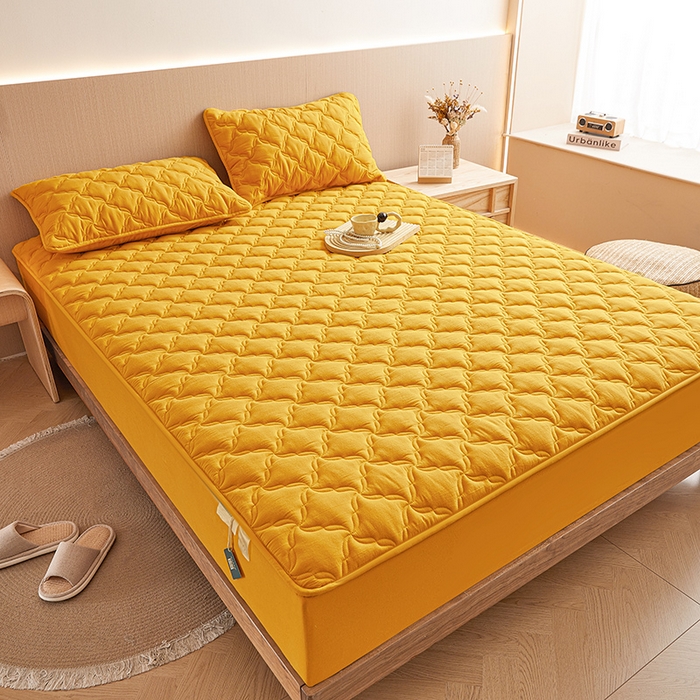 91家纺网 家纺一手货源 找家纺 3C 2024新款全棉色织水洗绵抗菌床笠 柠檬黄