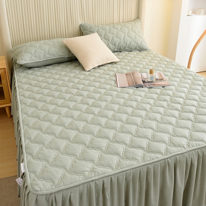 91家纺网 家纺一手货源 找家纺 3C 2024新款风车抗菌水洗棉床裙  抹茶绿