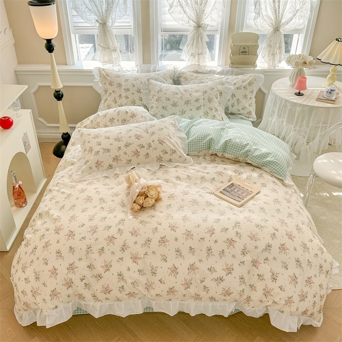 91家纺网 家纺一手货源 找家纺 简宜家居（朝初家纺） 2025新款40支斜纹全棉花边款四件套 寻意花海