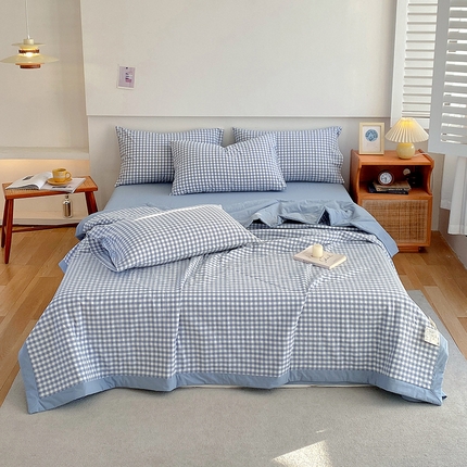 91家纺网 家纺一手货源 找家纺 莱宁 2024新款a类里外全棉色织水洗棉棉花夏被 水蓝小格