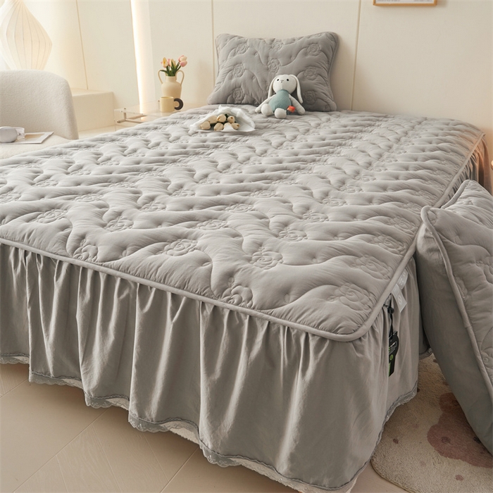 91家纺网 家纺一手货源 找家纺 3C 2024新款玫瑰水洗棉床裙式床笠 夜光灰