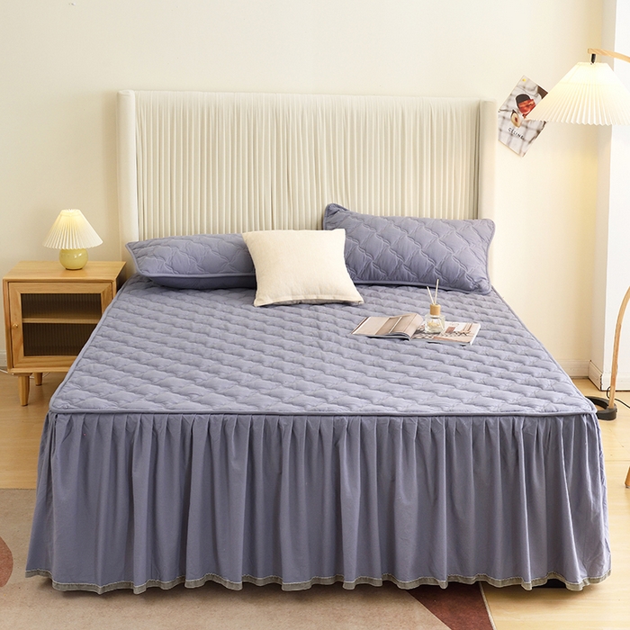 91家纺网 家纺一手货源 找家纺 3C 2024新款风车抗菌水洗棉床裙  蓝灰色