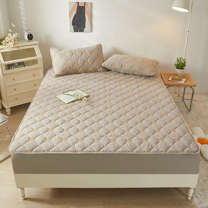 91家纺网 家纺一手货源 找家纺 3C 2024新款全棉抗菌抑菌云朵刺绣床笠 清新灰