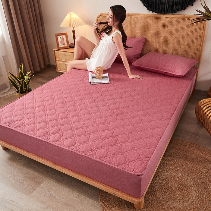 91家纺网 家纺一手货源 找家纺 3C 2024新款抗菌防螨透气防水夹棉床笠 红豆沙