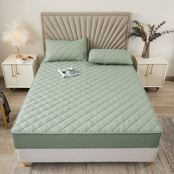 91家纺网 家纺一手货源 找家纺 3C 2024新款H标刺绣床笠 抹茶绿