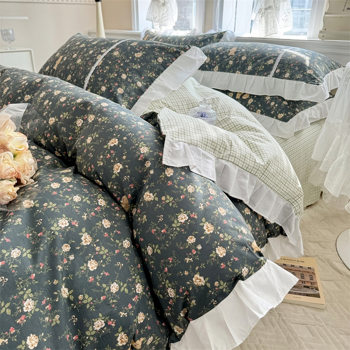 91家纺网 家纺一手货源 找家纺 简宜家居（朝初家纺） 2025新款40支斜纹全棉花边款四件套 水墨印花