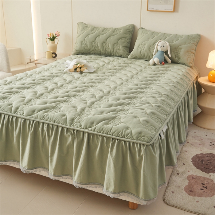 91家纺网 家纺一手货源 找家纺 3C 2024新款玫瑰水洗棉床裙式床笠 抹茶绿