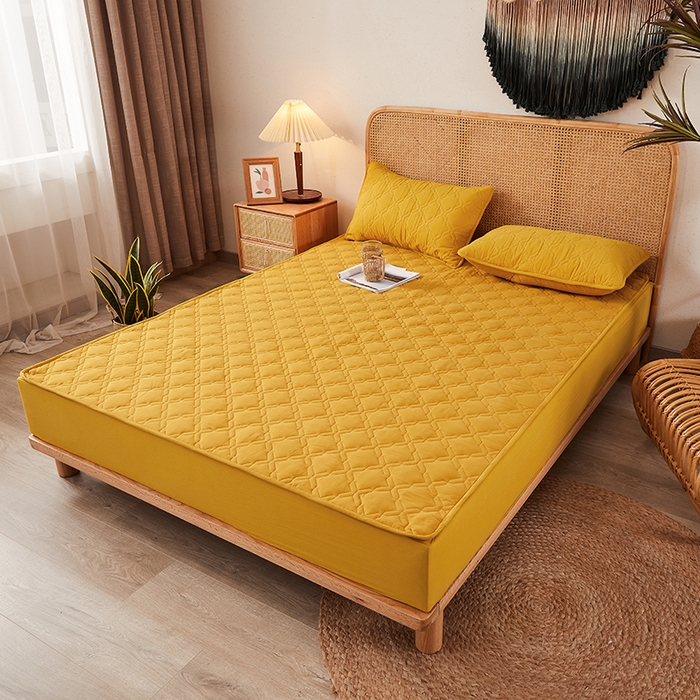 91家纺网 家纺一手货源 找家纺 3C 2024新款抗菌防螨透气防水夹棉床笠 柠檬黄