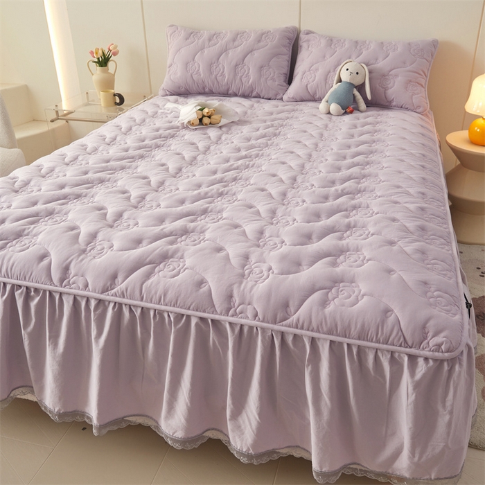 91家纺网 家纺一手货源 找家纺 3C 2024新款玫瑰水洗棉床裙式床笠 优雅紫