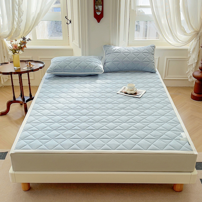 91家纺网 家纺一手货源 找家纺 3C 2024新款全棉夹棉大豆床护垫 洁净蓝