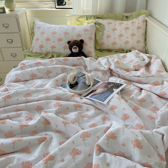 91家纺网 家纺一手货源 找家纺 顾里家纺 2024新款韩系治愈小清新花边氧气泡泡棉夏被四件套 田野少女