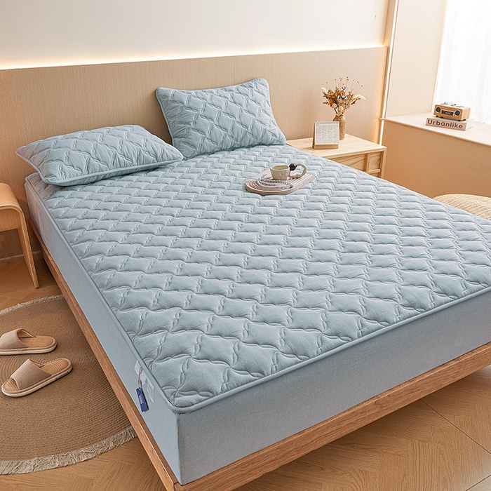 91家纺网 家纺一手货源 找家纺 3C 2024新款全棉色织水洗绵抗菌床笠 浅蓝色