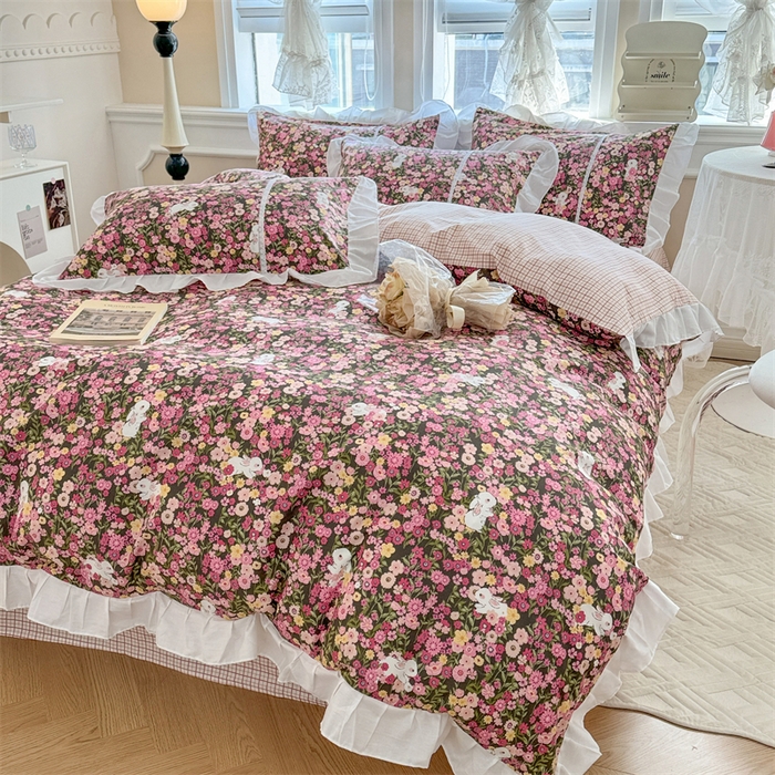 91家纺网 家纺一手货源 找家纺 简宜家居（朝初家纺） 2025新款40支斜纹全棉花边款四件套 紫鸢温柔