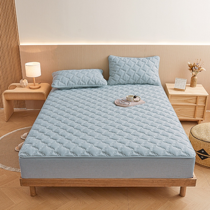 91家纺网 家纺一手货源 找家纺 3C 2024新款全棉色织水洗绵抗菌床笠 浅蓝色