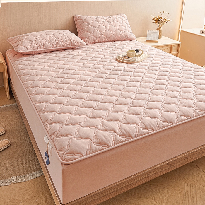 91家纺网 家纺一手货源 找家纺 3C 2024新款全棉色织水洗绵抗菌床笠 浅豆沙