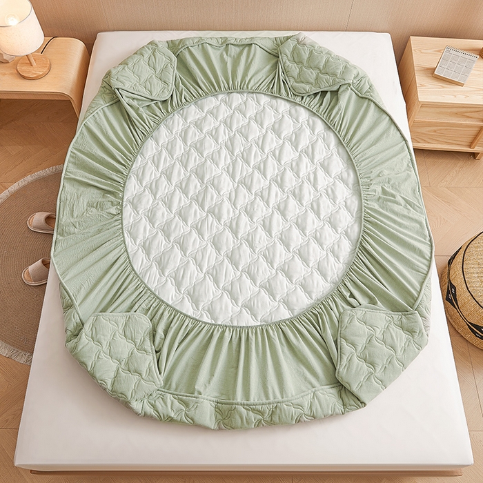 91家纺网 家纺一手货源 找家纺 3C 2024新款全棉色织水洗绵抗菌床笠 抹茶绿