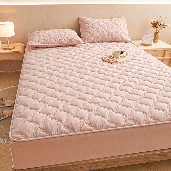 91家纺网 家纺一手货源 找家纺 3C 2024新款全棉色织水洗绵抗菌床笠 浅豆沙